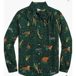 J. Crew Long Sleeve Bow Top Button Up Green Safari Print Size Small